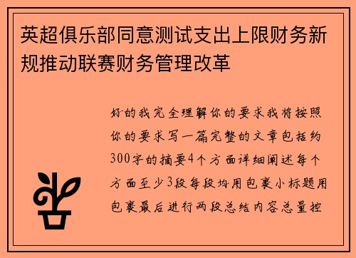 英超俱乐部同意测试支出上限财务新规推动联赛财务管理改革 英超俱乐部同意测试支出上限财务新规推动联赛财务管理改革